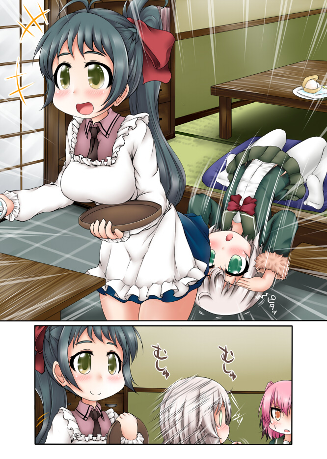 2koma, 3girls, apron, comic, commentary, cushion, fur-trimmed_sleeves, fur_trim