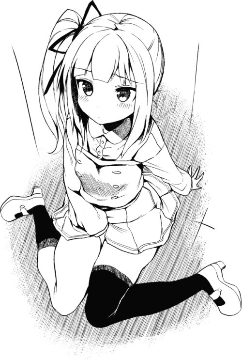 1girl, between_legs, black_legwear, dress, hand_between_legs, kantai_collection, kasumi_(kantai_collection), kneehighs