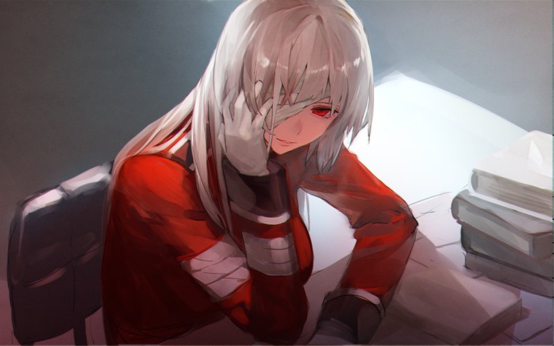 1girl, bandage_over_one_eye, book_stack, chair, desk, fate/grand_order, fate_(series), florence_nightingale_(fate/grand_order)
