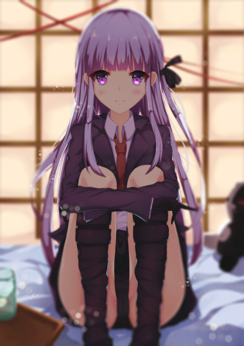 1girl, absurdres, black_ribbon, blush, boots, dangan_ronpa, dangan_ronpa_1, dangan_ronpa_3