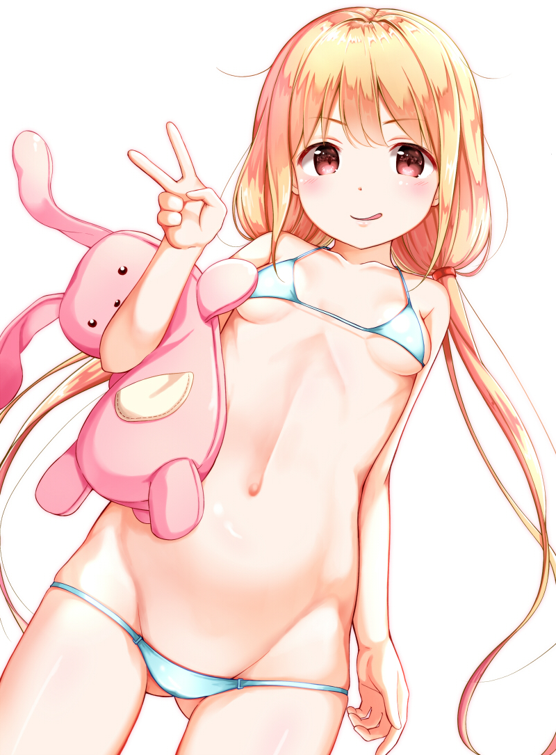 1girl, arm_at_side, ass_visible_through_thighs, bikini, blonde_hair, breasts, covered_nipples, cowboy_shot