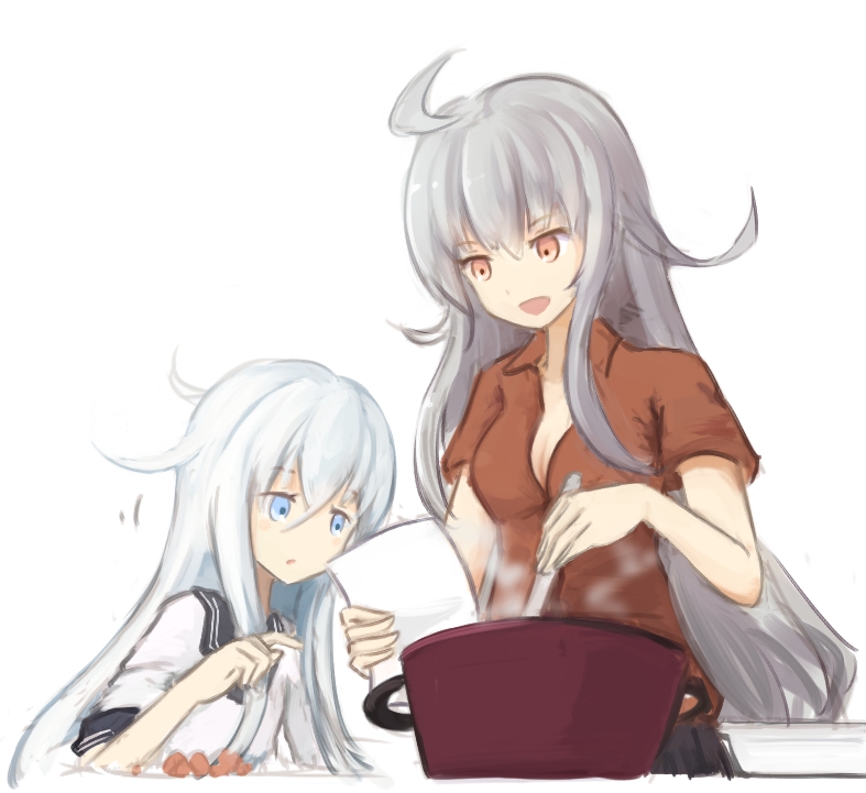 2girls, blue_eyes, breasts, cooking, dress, gangut_(kantai_collection), grey_hair, hibiki_(kantai_collection)