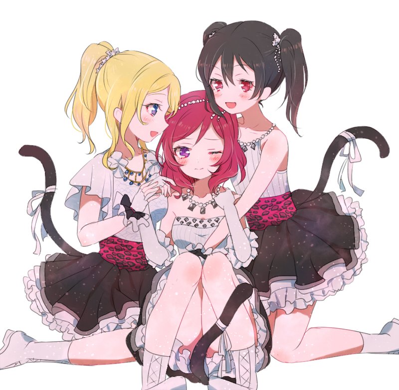 >:d, 299_(horisso), 3girls, :d, animal_print, ayase_eli, bangs, between_legs