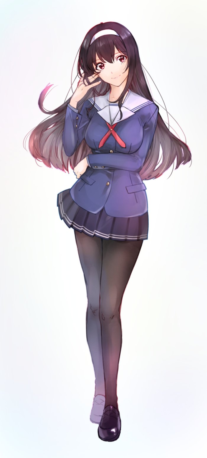 1girl, black_hair, black_legwear, full_body, hairband, highres, kasumigaoka_utaha, kowareta_robot, long_hair, looking_at_viewer, pantyhose, pleated_skirt, red_eyes, saenai_heroine_no_sodatekata, school_uniform, skirt, smile, solo