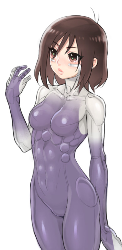 1girl, abs, blush, brown_eyes, brown_hair, commentary, cowboy_shot, cyborg