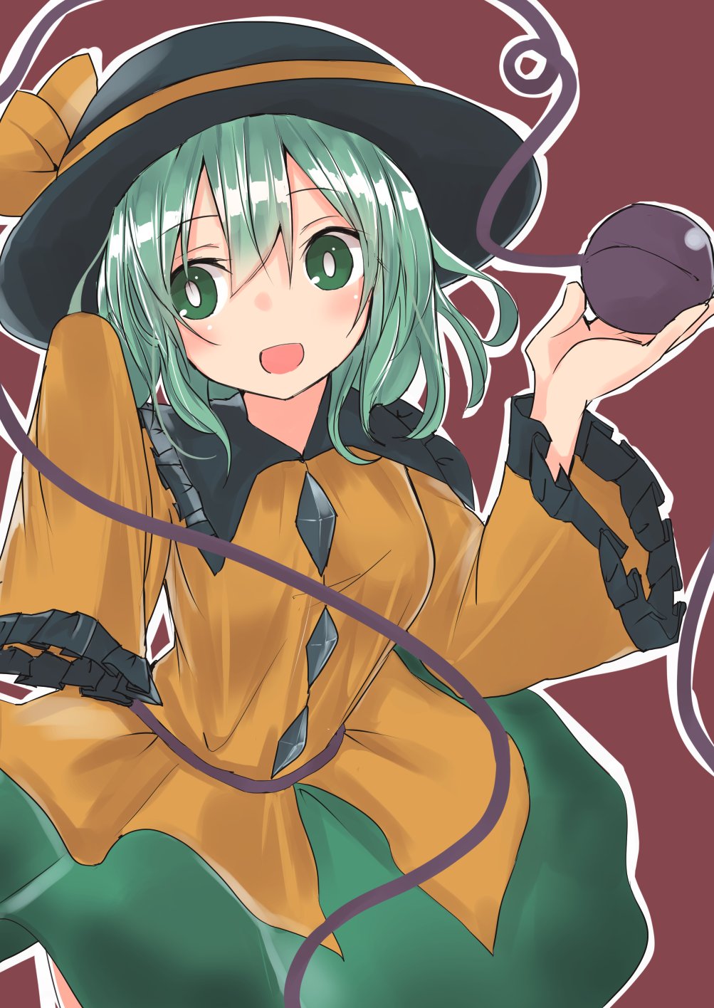 1girl, bangs, black_hat, blush, bow, brown_background, cowboy_shot, eyebrows_visible_through_hair