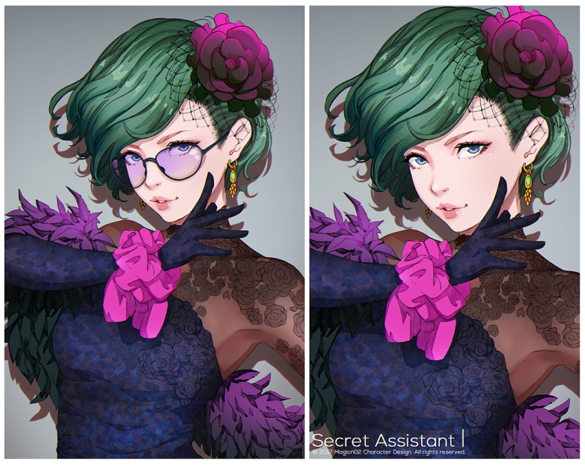 1girl, artist_name, black-framed_eyewear, black_gloves, blue_dress, blue_eyes, character_name, dress, earrings, eyelashes, flower, glasses, gloves, gold, green_hair, hair_flower, hair_ornament, jewelry, lips, looking_at_viewer, magion02, ms.assistant, no_glasses, parted_lips, pink_lips, rose, secret_assistant_(ms.assistant), short_hair, strapless, strapless_dress, upper_body, variations