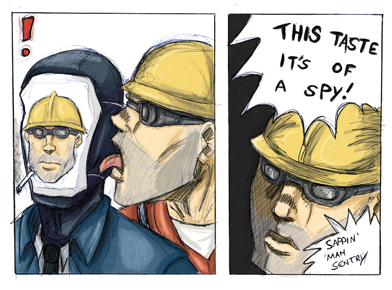 araki_hirohiko_(style), chuffyzor, cigarette, comic, crossover, english, helmet, jojo's_bizarre_adventure, jojo_no_kimyou_na_bouken, licking, male, parody, smoking, style_parody, team_fortress_2, the_engineer, the_spy, the_taste_of_a_liar