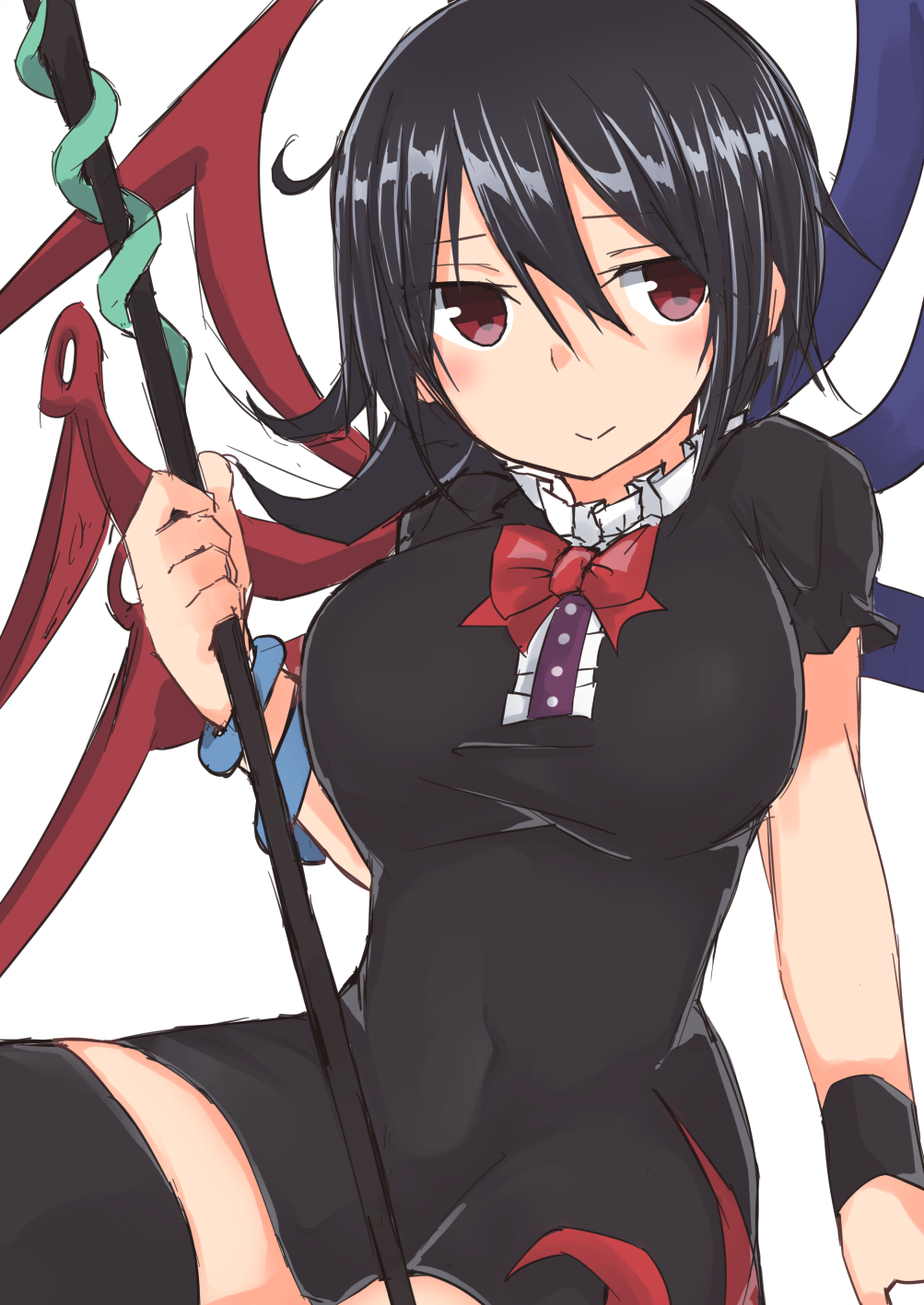 1girl, bangs, black_dress, black_hair, black_legwear, blush, bow, bowtie
