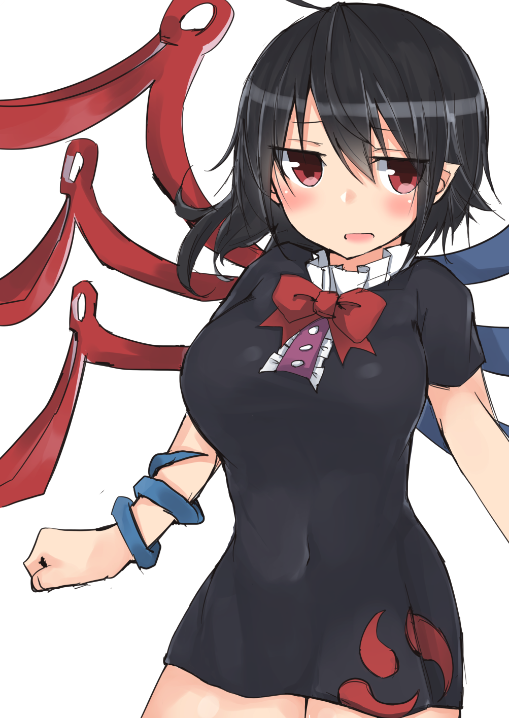 1girl, bangs, black_dress, black_hair, blush, bow, bowtie, breasts