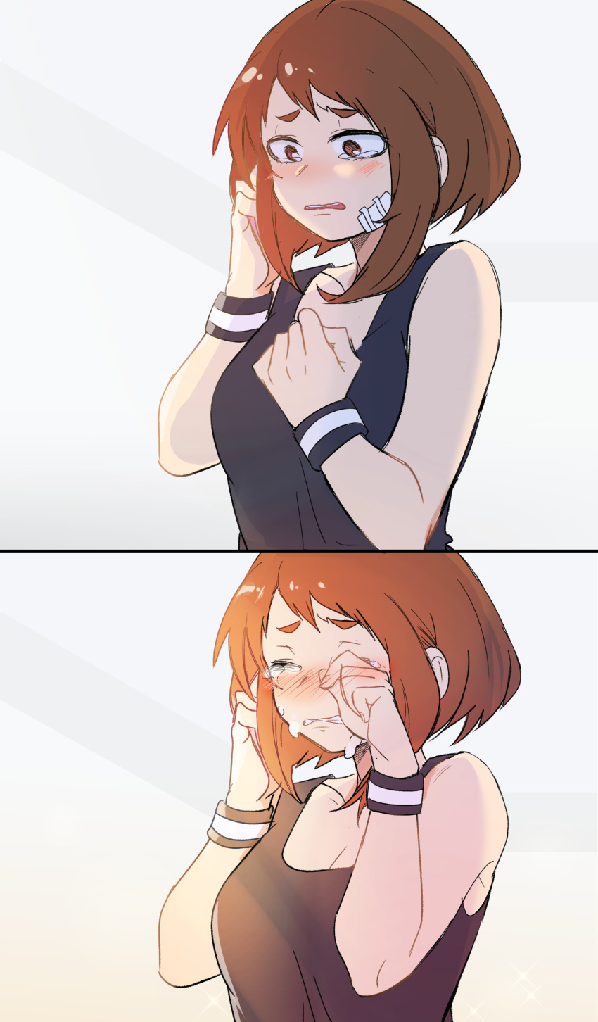 1girl, bandage, bare_shoulders, bin, blush, boku_no_hero_academia, breasts, brown_eyes