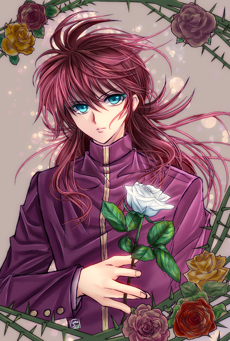 1boy, aqua_eyes, expressionless, flower, kurama, long_hair, male_focus, pink_rose