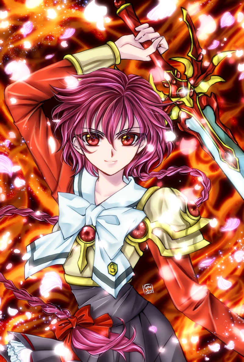1girl, arm_up, armor, asymmetrical_clothes, black_dress, braid, breastplate, contrapposto, dress, emblem, fire, hair_ribbon, looking_at_viewer, magic_knight_rayearth, petals, pink_hair, red_eyes, red_ribbon, ribbon, sailor_collar, shidou_hikaru, shoulder_armor, signature, single_braid, smile, solo, sword, tsukasaki_ryouko, weapon
