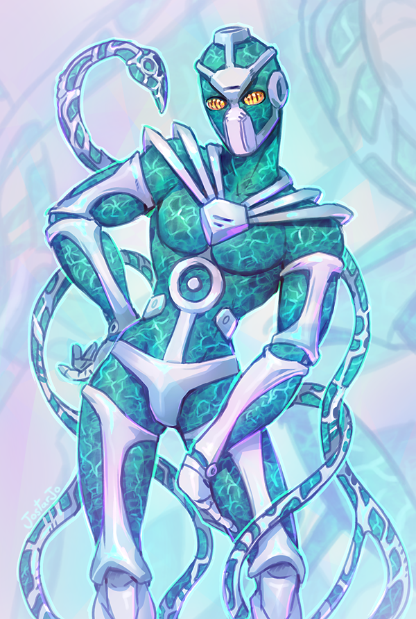 contrapposto, hand_on_hip, hierophant_green, jojo_no_kimyou_na_bouken, jostarjo, no_humans, pose, solo, stand_(jojo), tentacle, zoom_layer