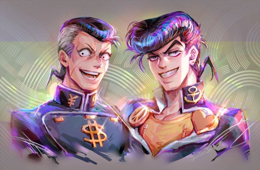 2boys, anchor_symbol, artist_name, dollar_sign, earrings, facial_mark, gakuran, grey_hair, grin, heart, higashikata_jousuke, jewelry, jojo_no_kimyou_na_bouken, jostarjo, male_focus, multicolored_hair, multiple_boys, nijimura_okuyasu, open_mouth, peace_symbol, pin, pompadour, purple_hair, school_uniform, shiny, signature, smile, stud_earrings, two-tone_hair, yen_sign, zipper
