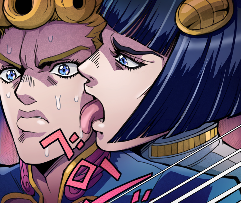 2boys, black_hair, blonde_hair, blue_eyes, bob_cut, bruno_buccellati, derivative_work, face_licking, giorno_giovanna, hair_ornament, hairclip, jojo_no_kimyou_na_bouken, jostarjo, licking, male_focus, multiple_boys, sweat