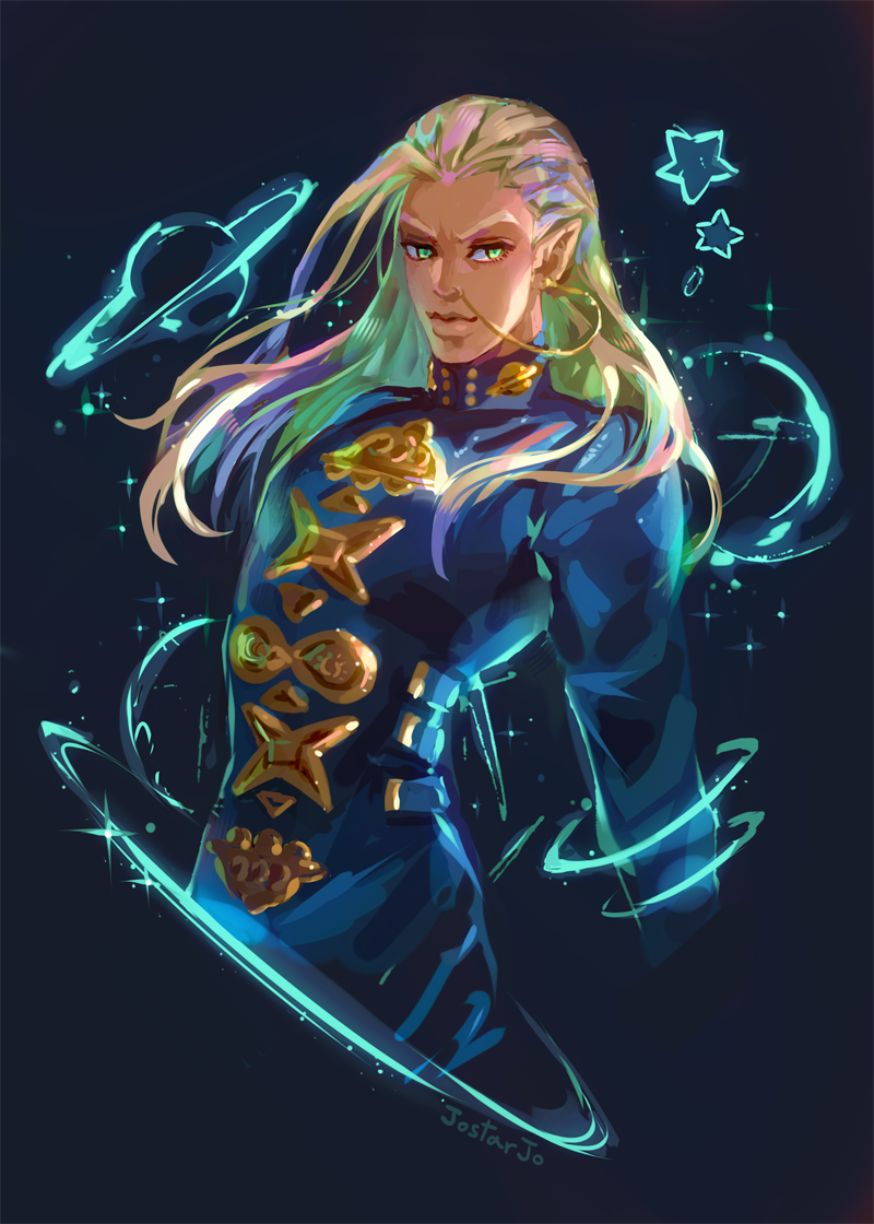 1boy, artist_name, blonde_hair, gakuran, green_eyes, hazekura_mikitaka, jewelry, jojo_no_kimyou_na_bouken
