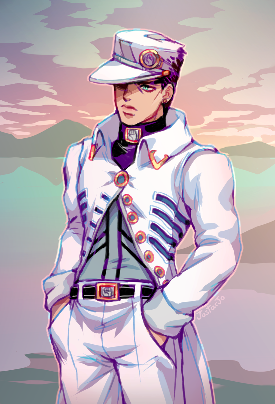 1boy, aqua_eyes, artist_name, belt, black_hair, cowboy_shot, expressionless, hands_in_pockets