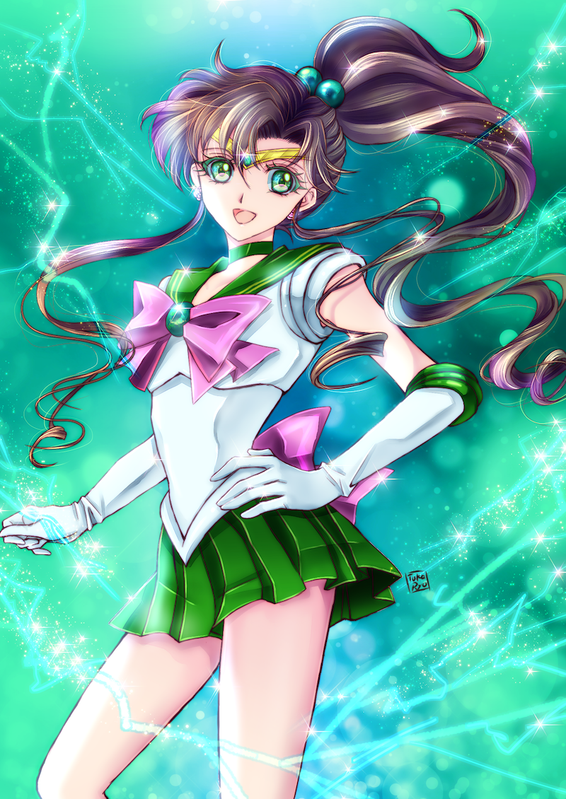 1girl, bishoujo_senshi_sailor_moon, brown_hair, choker, contrapposto, earrings, elbow_gloves, gloves, green_eyes, green_skirt, hair_bobbles, hair_ornament, hand_on_hip, jewelry, kino_makoto, miniskirt, open_mouth, pink_ribbon, pleated_skirt, ponytail, ribbon, rose_earrings, sailor_collar, sailor_jupiter, shiny, shiny_hair, sidelocks, signature, skirt, smile, solo, sparkle, tsukasaki_ryouko, white_gloves