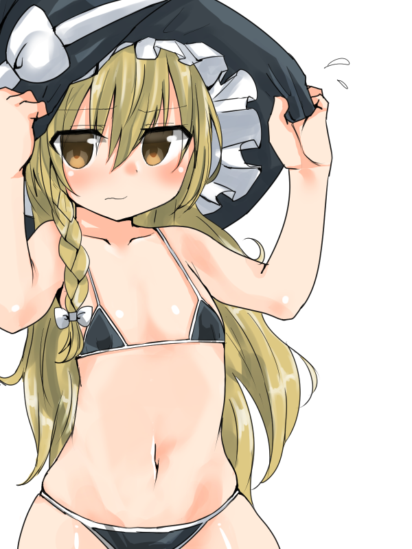 1girl, arms_up, bangs, bare_arms, bikini, black_bikini, blonde_hair, blush