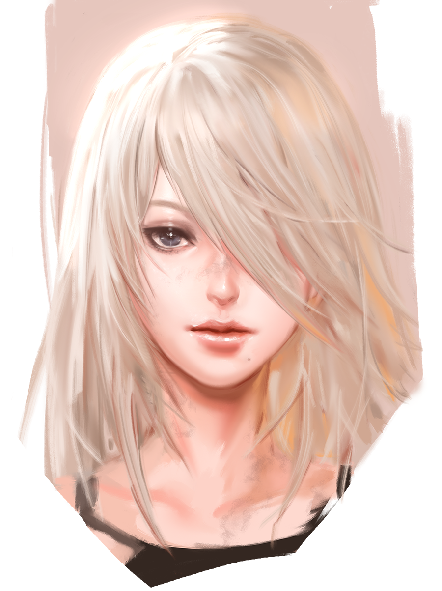 1girl, closed_mouth, grey_eyes, hair_over_one_eye, highres, jang_ju_hyeon, lips, long_hair, looking_at_viewer, mole, mole_under_mouth, nier_(series), nier_automata, simple_background, solo, white_background, white_hair, yorha_type_a_no._2
