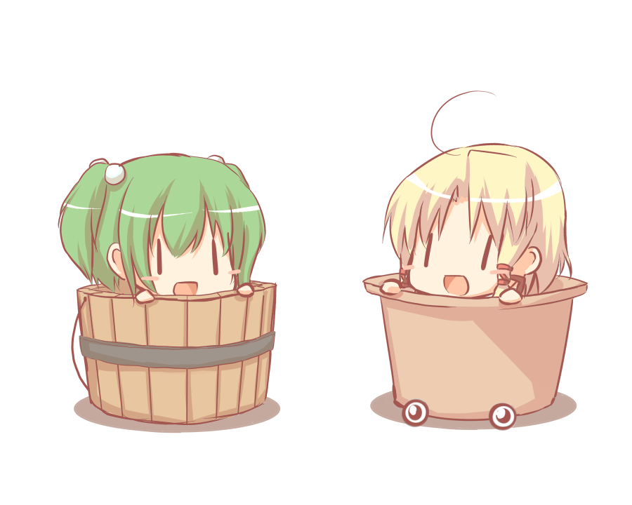 blonde_hair, blush_stickers, bucket, chibi, green_hair, hair_bobbles, hair_ornament, hat_basket