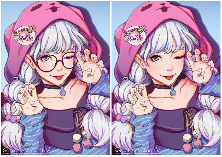 1girl, animal_hood, artist_name, black_choker, blue_shirt, character_name, claw_pose, collarbone