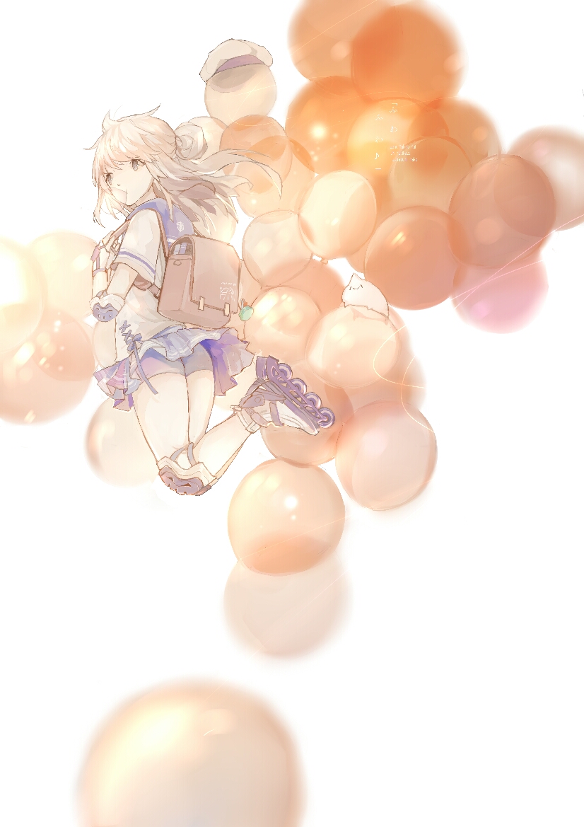 1girl, backpack, bag, balloon, beret, book, bow, bubble_blowing, chewing_gum, elbow_pads, fingerless_gloves, floating_hair, from_behind, galo_(zhan_jian_shao_nyu), gloves, grey_hair, hair_bun, hat, hat_removed, headwear_removed, holding_strap, in_bag, in_container, knee_pads, legs_together, legs_up, looking_afar, pleated_skirt, purple_skirt, roller_skates, school_bag, school_uniform, serafuku, shirt, short_sleeves, shorts_under_skirt, skates, skirt, solo, thighs, white_background, white_shirt, yi_yu, yukikaze_(zhan_jian_shao_nyu), zhan_jian_shao_nyu
