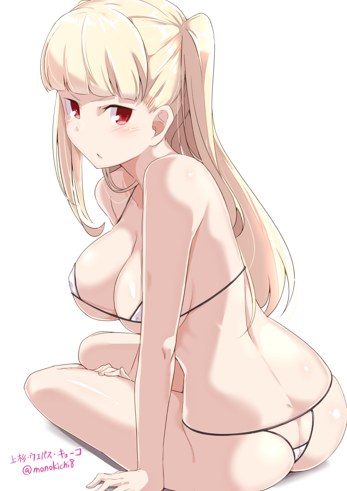 1girl, ass, bangs, bikini, blonde_hair, blush, breasts, butt_crack