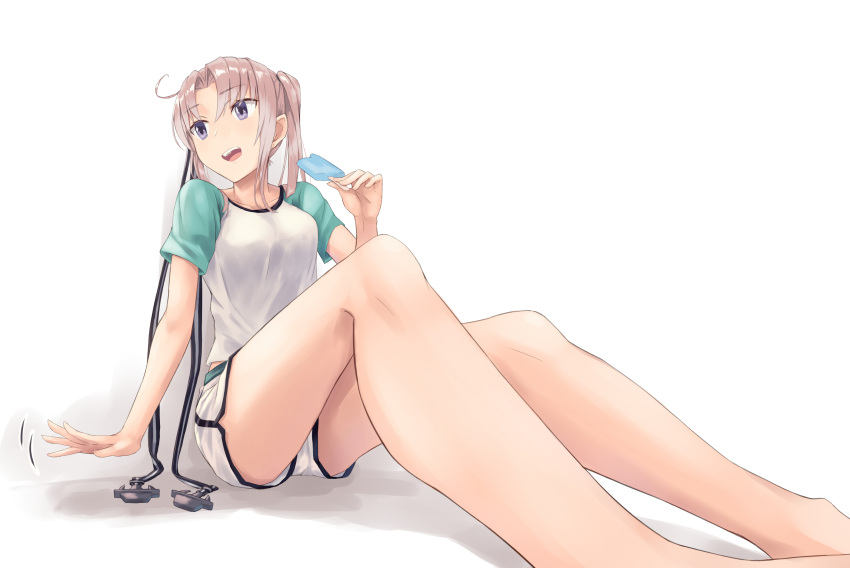 1girl, akitsushima_(kantai_collection), anchor, bangs, bare_legs, barefoot, breasts, casual