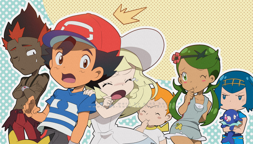 3boys, 3girls, behind_another, black_hair, blonde_hair, blue_hair, crying, green_hair, kaki_(pokemon), lillie_(pokemon), mamane_(pokemon), mallow_(pokemon), multiple_boys, multiple_girls, npc, npc_trainer, orange_hair, pikachu, pink-hudy, pokemon, pokemon_(anime), pokemon_(creature), pokemon_(game), pokemon_sm, pokemon_sm_(anime), popplio, redhead, satoshi_(pokemon), suiren_(pokemon), trial_captain