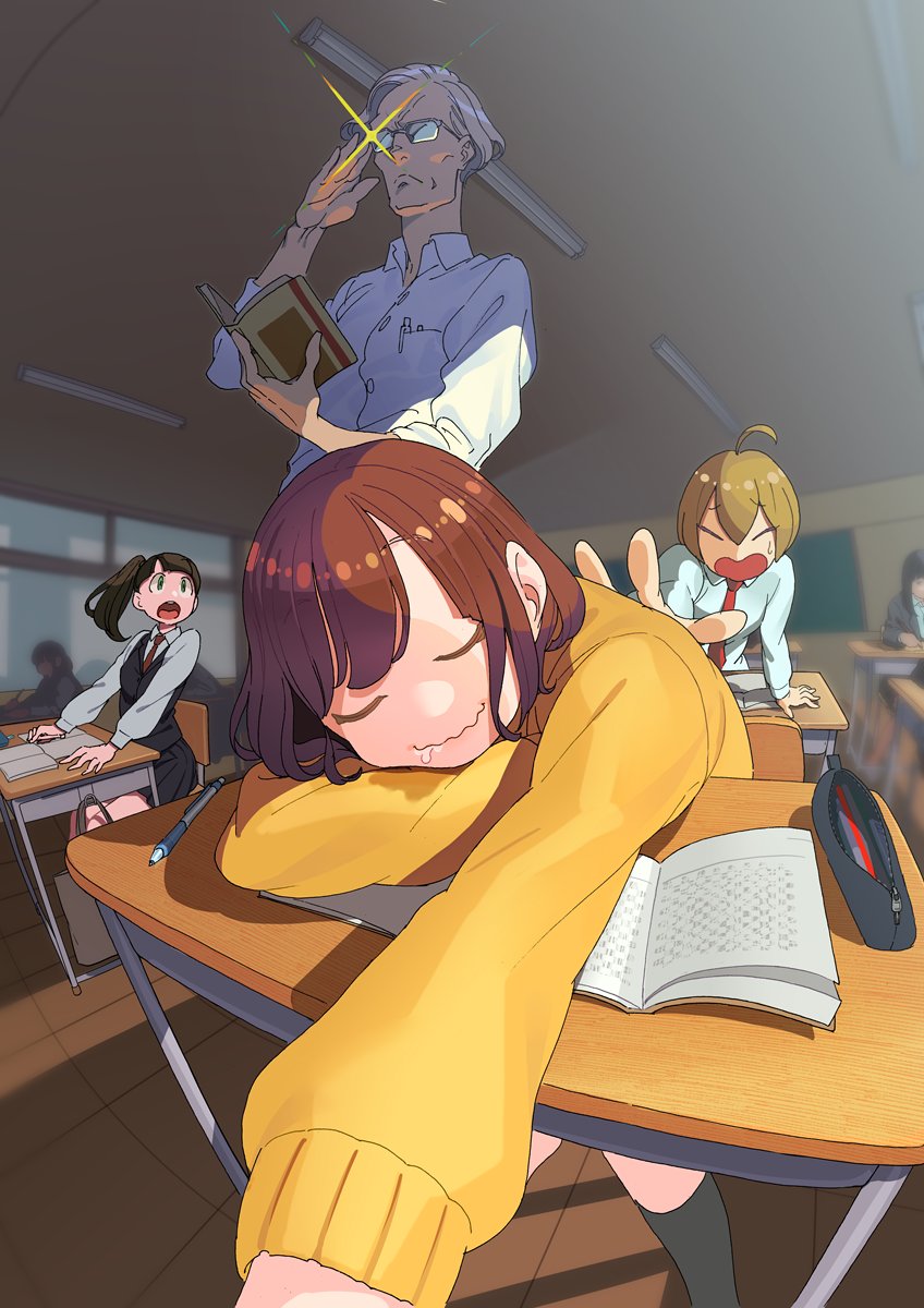 2boys, 4girls, ahoge, black_legwear, black_skirt, book, brown_hair, classroom