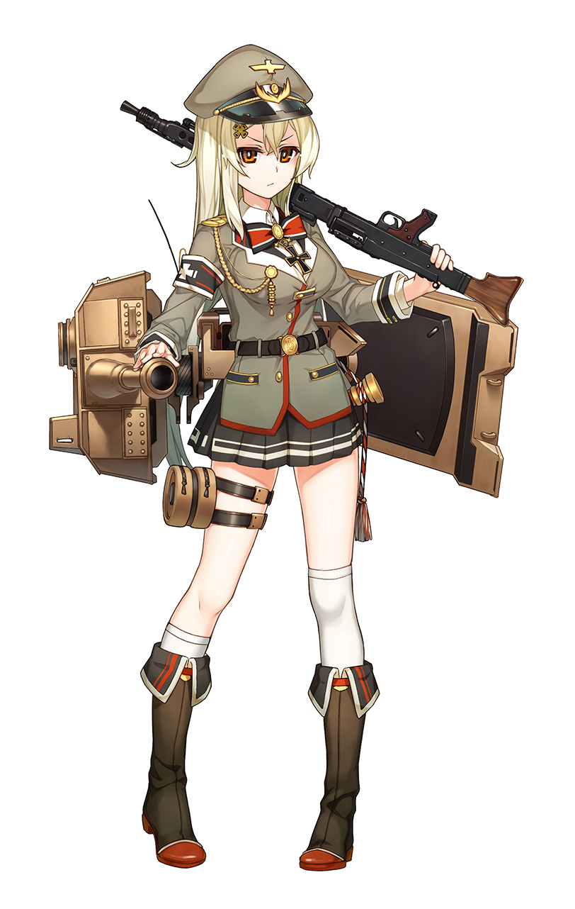 1girl, black_skirt, blonde_hair, boots, breasts, brown_hat, character_request, copyright_request