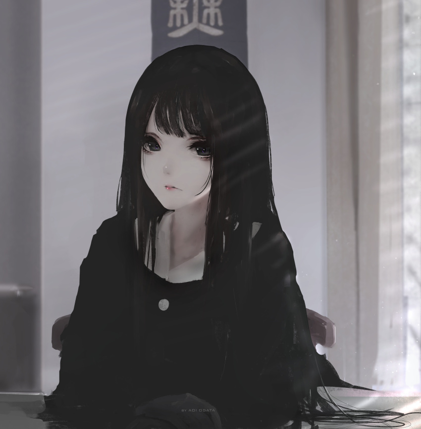 1girl, absurdres, aoi_ogata, artist_name, black_eyes, black_hair, black_shirt, closed_mouth, day, expressionless, highres, indoors, kiraiko, long_hair, looking_at_viewer, original, pale_skin, shirt, solo, sunlight, window