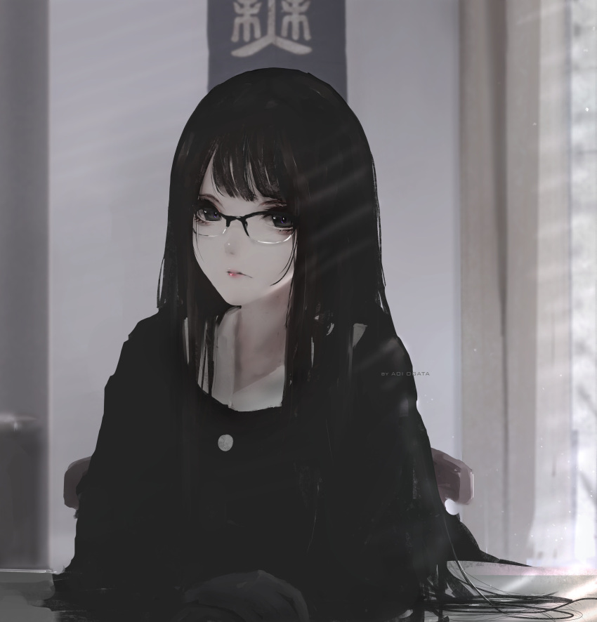 1girl, absurdres, aoi_ogata, artist_name, black_eyes, black_hair, black_shirt, closed_mouth