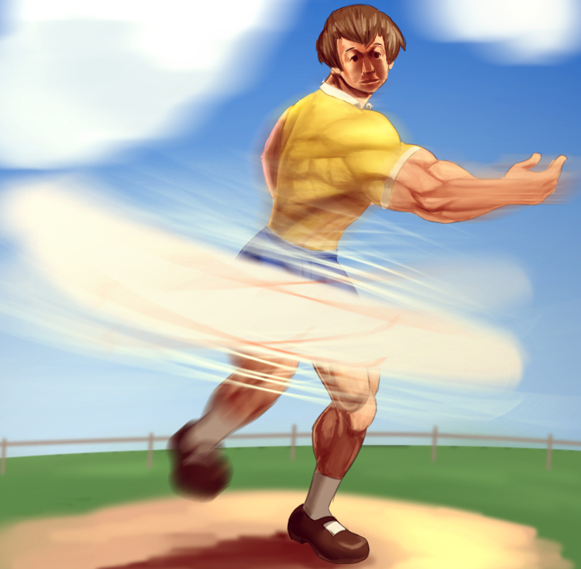 1boy, baseball, brown_hair, christopher_robin, looking_at_viewer, muscle, solo, takahirokun, throwing, winnie_the_pooh's_home_run_derby