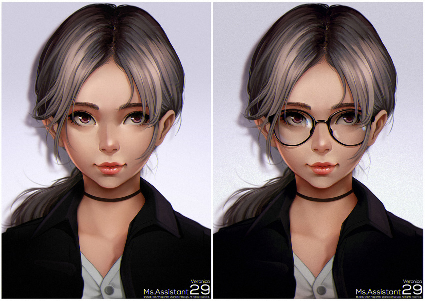 1girl, artist_name, bangs, black-framed_eyewear, black_choker, black_shirt, character_name, choker
