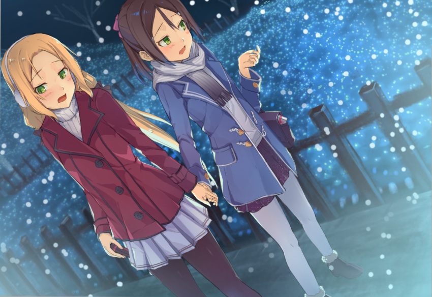 2girls, alternate_costume, ankle_boots, bag, bare_tree, black_legwear, blonde_hair, blue_coat
