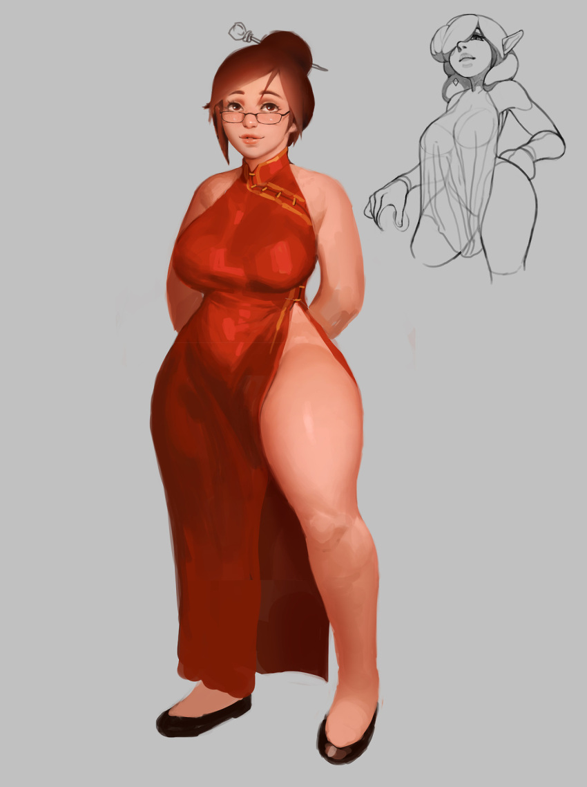 2girls, arms_behind_back, bangs, black-framed_eyewear, breasts, brown_hair, china_dress, chinese_clothes, collage, dress, flats, hair_bun, hair_ornament, hair_stick, highres, large_breasts, lips, mei_(overwatch), multiple_girls, nose, overwatch, red_dress, side_slit, sleeveless, sleeveless_dress, solo_focus, swept_bangs, thick_thighs, thighs, triuni
