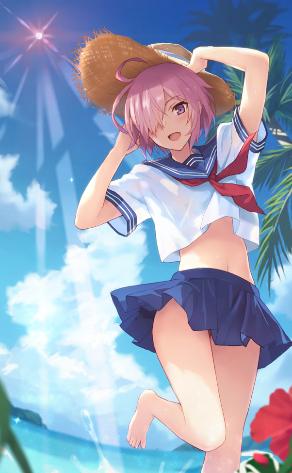 1girl, :d, alternate_costume, arms_up, bare_legs, barefoot, blue_skirt, blue_sky