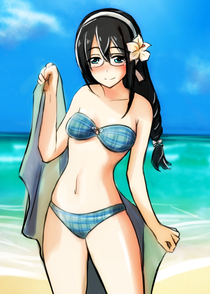 1girl, aqua_bikini, beach, bikini, black_hair, braid, cowboy_shot, day, glasses, h_(hhhhhh4649), hairband, kantai_collection, long_hair, ooyodo_(kantai_collection), outdoors, plaid, plaid_bikini, smile, solo, standing, strapless, strapless_bikini, swimsuit, towel