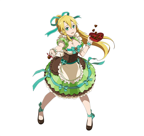 1girl, :d, ankle_ribbon, apron, aqua_ribbon, blonde_hair, braid, breasts, chocolate, chocolate_heart, cleavage, dress, floating_hair, frilled_apron, frilled_dress, frills, full_body, green_eyes, hair_ribbon, heart, high_ponytail, holding, large_breasts, leafa_(sao), long_hair, looking_at_viewer, open_mouth, outstretched_arm, pantyhose, ribbon, short_sleeves, smile, solo, standing, striped, striped_ribbon, sword_art_online, transparent_background, very_long_hair, white_apron, white_legwear, wrist_cuffs