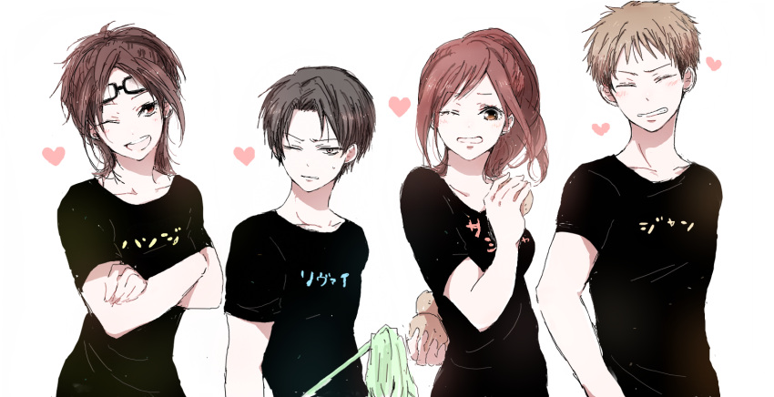 2boys, 2girls, :d, ;d, arm_behind_back, black_hair, black_shirt, blush