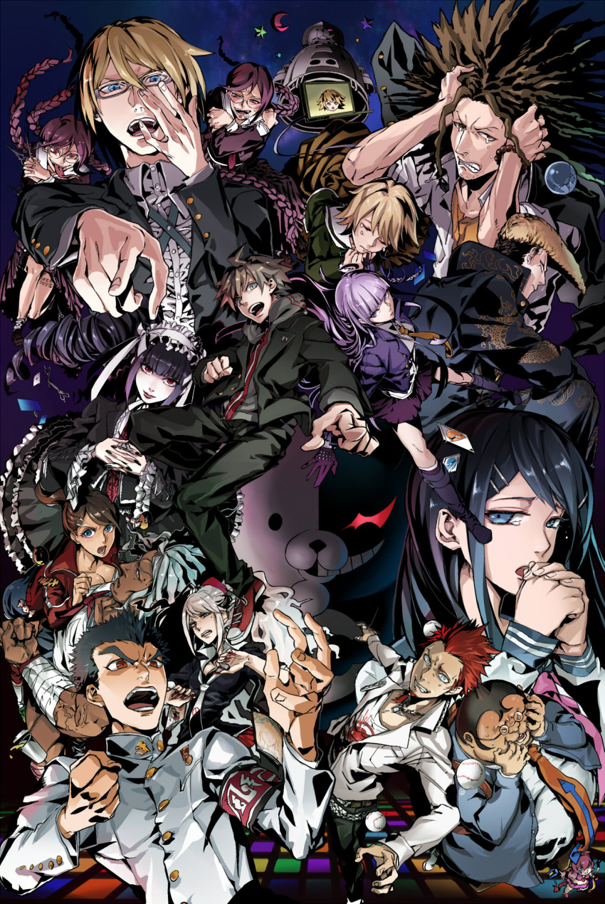 6+boys, 6+girls, absurdly_long_hair, adjusting_glasses, armband, bandage, belt, black_boots