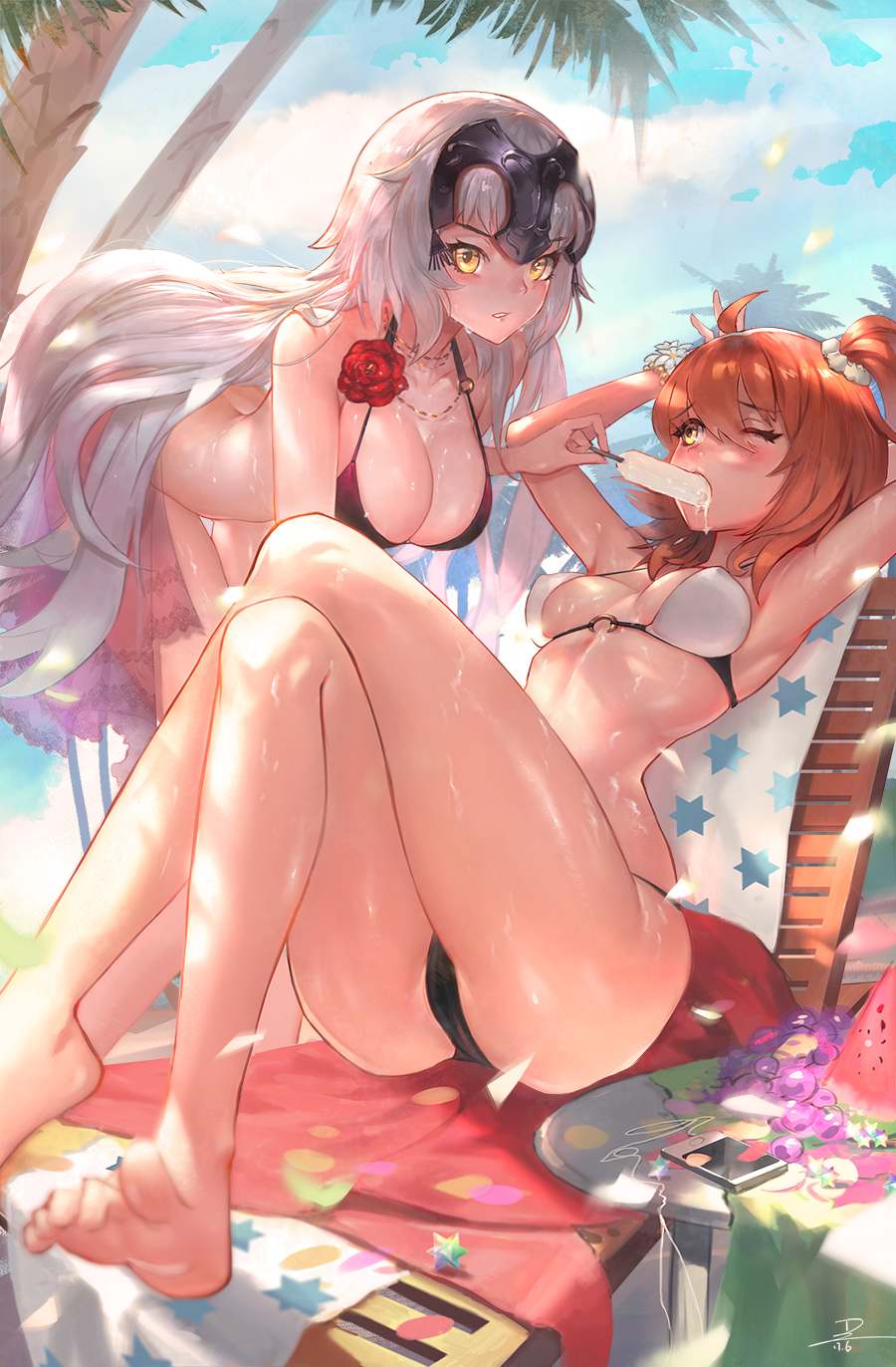 2girls, ahoge, armpits, arms_up, asymmetrical_hair, bangs, bare_arms, bare_legs