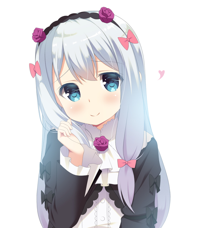 1girl, a-1_pictures, adjusting_hair, ascii_media_works, blue_eyes, blush, bow, cosplay