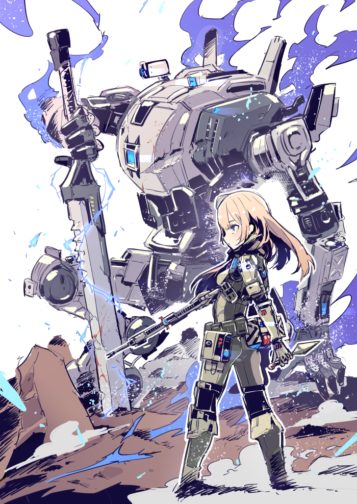 1girl, armor, assault_rifle, blonde_hair, blue_eyes, breasts, electricity, gun