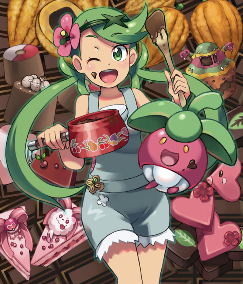 1girl, ;d, alola_form, alolan_muk, bangs, bare_shoulders, blush, bounsweet