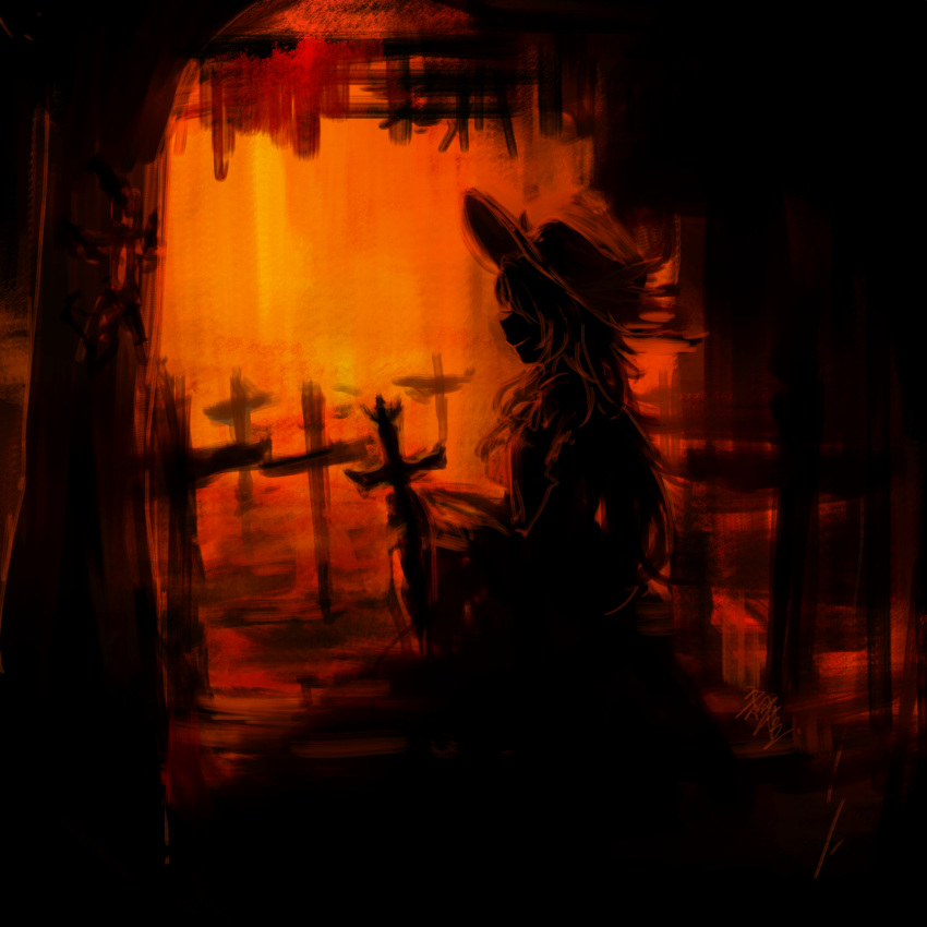 1girl, cross, dark, dolls_in_pseudo_paradise, food, fruit, grave, hair_over_eyes