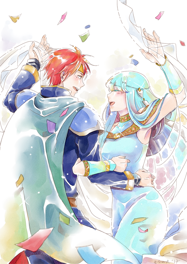 1boy, 1girl, :d, aqua_detached_sleeves, aqua_dress, aqua_hair, arm_hug, arm_up, armor, bare_shoulders, belt, blue_eyes, blush, bracelet, cape, clenched_hand, closed_eyes, couple, dancing, depth_of_field, detached_sleeves, dress, eliwood, eliwood_(fire_emblem), fire_emblem, fire_emblem:_rekka_no_ken, hair_ornament, hand_on_another's_hip, hand_on_another's_waist, happy, hetero, highres, jewelry, long_dress, long_hair, long_sleeves, looking_at_another, ninian, nintendo, open_mouth, red_eyes, redhead, round_teeth, shiny, shiny_hair, short_hair, silver_hair, sleeveless, sleeveless_dress, smile, teeth, tiara, veil